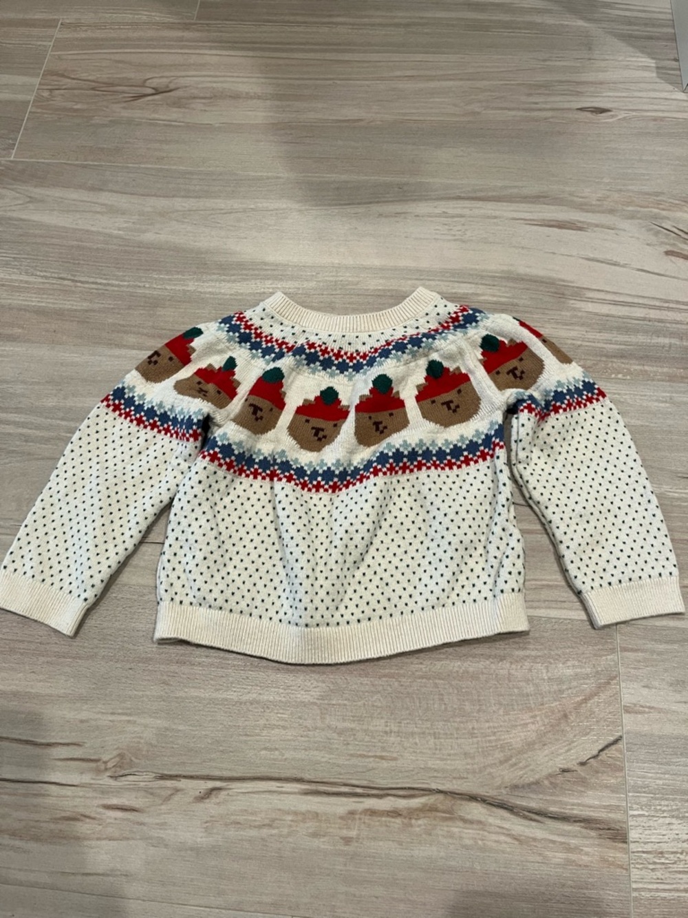 GAP Cream Bear Fair Isle Crewneck Sweater with Red & Green Accents 12-18 Months